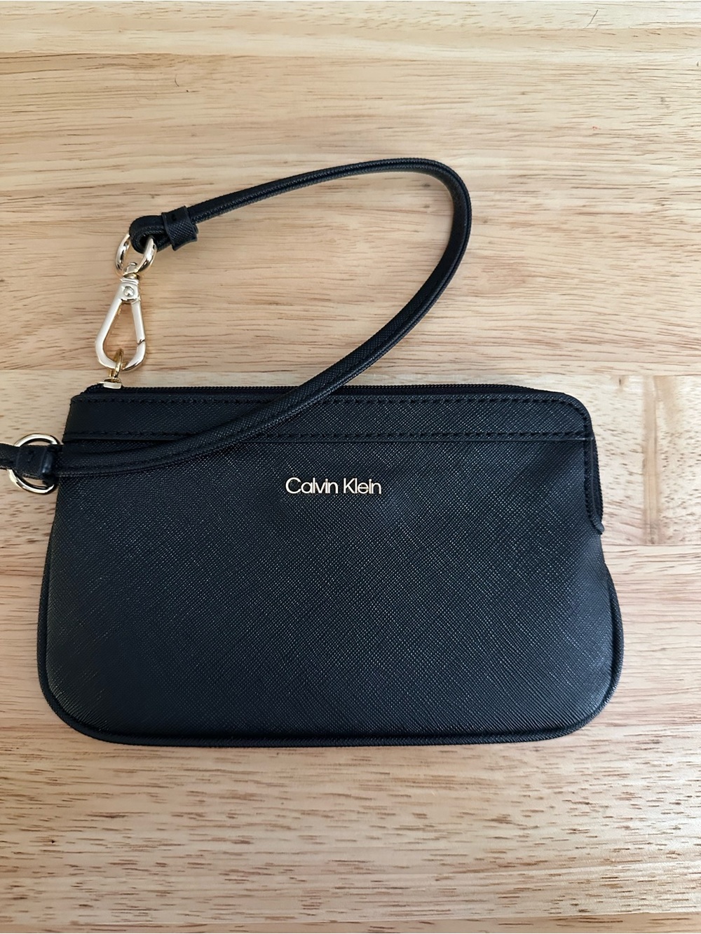Calvin Klein Black Saffiano Wristlet Clutch with Gold Hardware